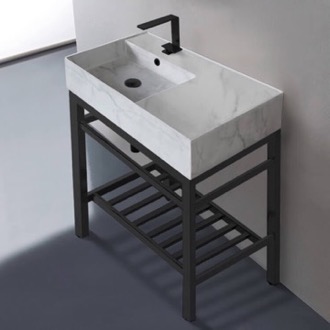 Console Bathroom Sink Modern Marble Design Ceramic Console Sink and Matte Black Base, 32